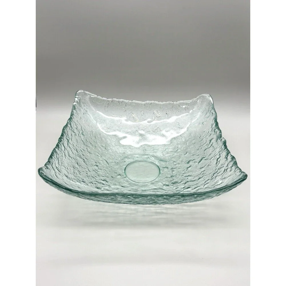 VTG San Miguel Style Recycled Ice Glass Square Bowl Pale Aqua Green Bark 12” MCM